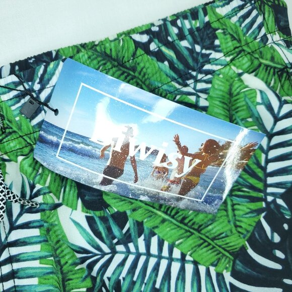 Biwisy Swim Shorts Mens Medium Green Trunks Palm Trees Mesh Lined All Over Print - Picture 2 of 11